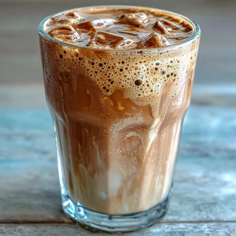 High-protein coffee shake blended with almond milk, cocoa powder, and a pinch of cinnamon for a smooth, café-style breakfast.