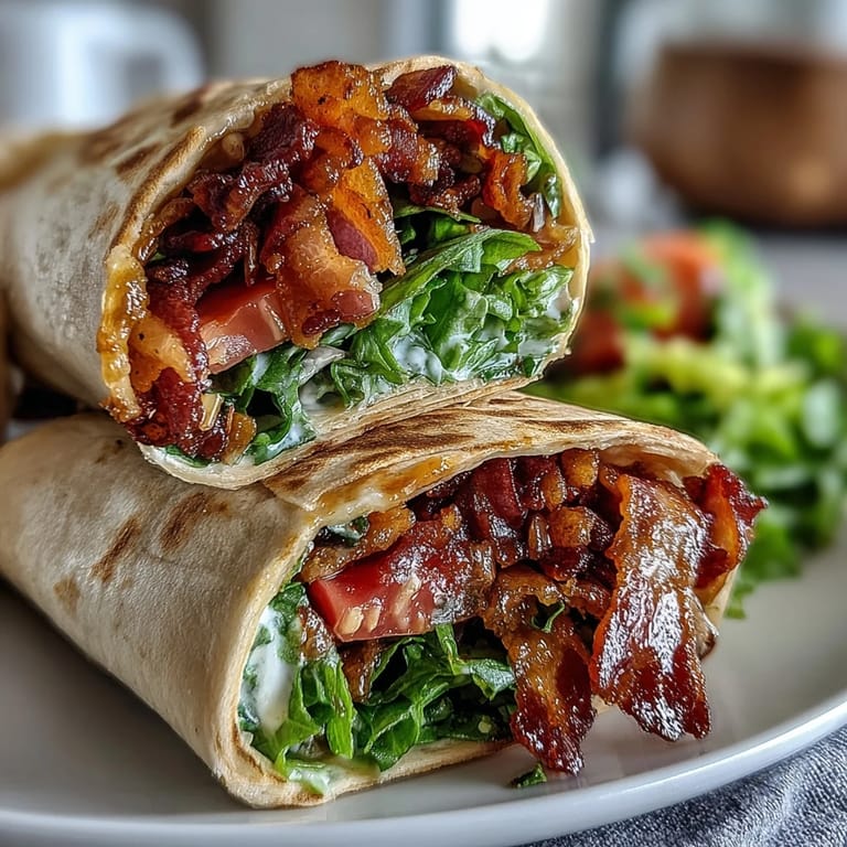 Golden-brown bacon and vibrant marinated tomatoes layered inside Gourmet BLT Wraps with Secret Sauce, ready to be sliced and served.