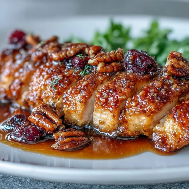 Juicy glazed chicken over sweet potatoes, Brussels sprouts, and wild rice with pecans.  