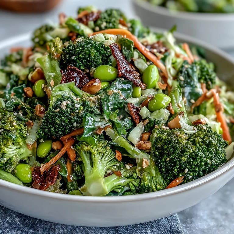 Colorful broccoli crunch salad featuring crunchy cabbage, carrots, and edamame, topped with toasted sesame seeds.  