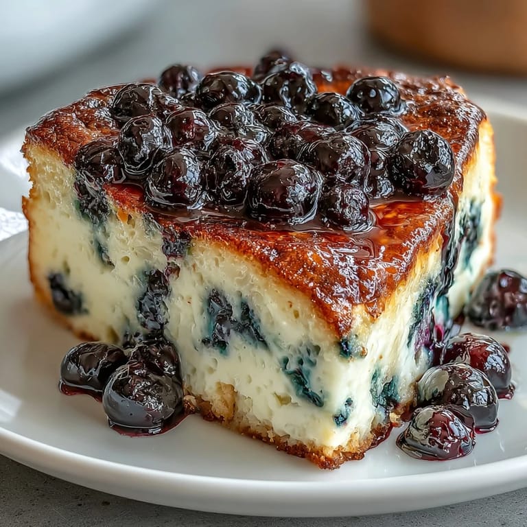 Protein-packed blueberry cottage cheese breakfast casserole with creamy texture and sweet berry bursts.