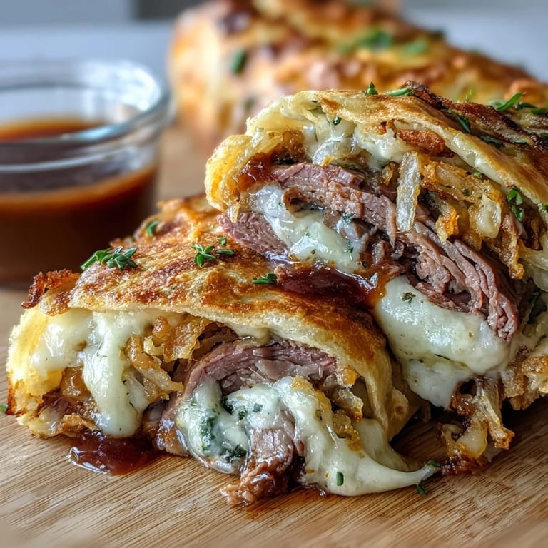 Savory French dip tortilla roll ups with tender roast beef, melted provolone, and crunchy fried onions, perfect for dipping in rich au jus sauce.