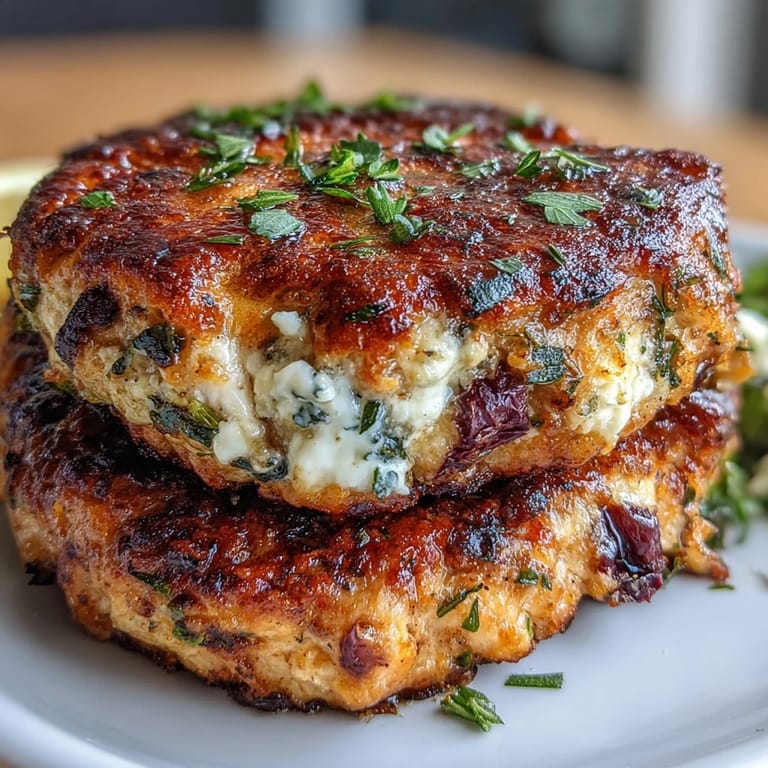 Crispy chicken patties packed with sun-dried tomatoes, Kalamata olives, and feta, perfect for a quick and healthy Mediterranean meal.  