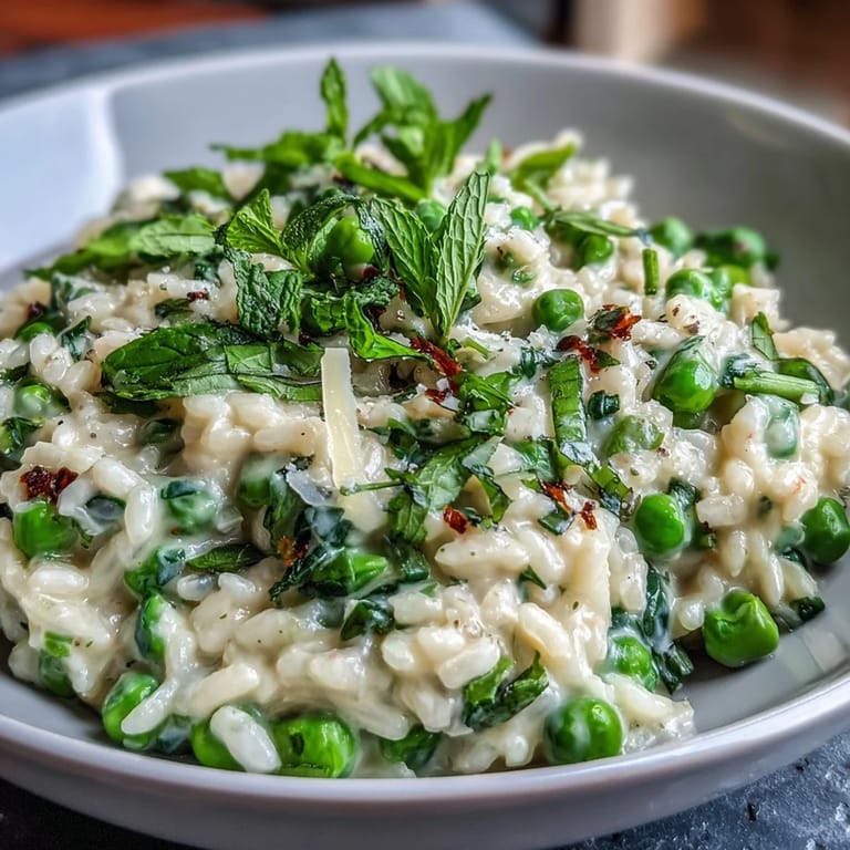 Golden risotto studded with vibrant green peas and fresh mint, topped with grated Parmesan for a rich, satisfying vegetarian dish.
