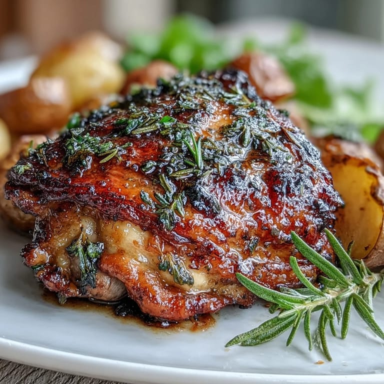 Juicy bone-in chicken thighs with golden, herb-crusted skin served over a medley of roasted baby potatoes and vibrant carrots.