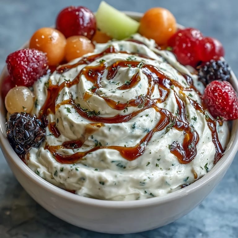 Fresh honeydew, cantaloupe, and watermelon cubes alongside strawberries and grapes, all arranged beautifully and served with a luscious honey-lime yogurt dip.