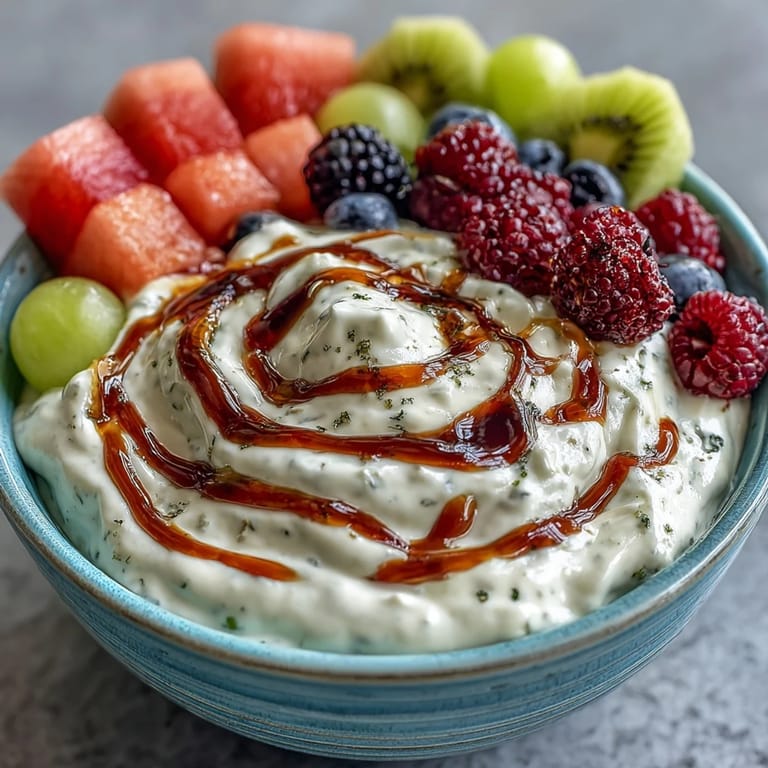 Vibrant melon balls, juicy strawberries, and plump blueberries arranged artfully on a platter, paired with a tangy honey-lime yogurt dip for a festive appetizer.