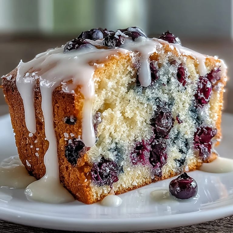 Tender lemon loaf bursting with fresh blueberries and finished with a zesty lemon glaze, great for gatherings and dessert.