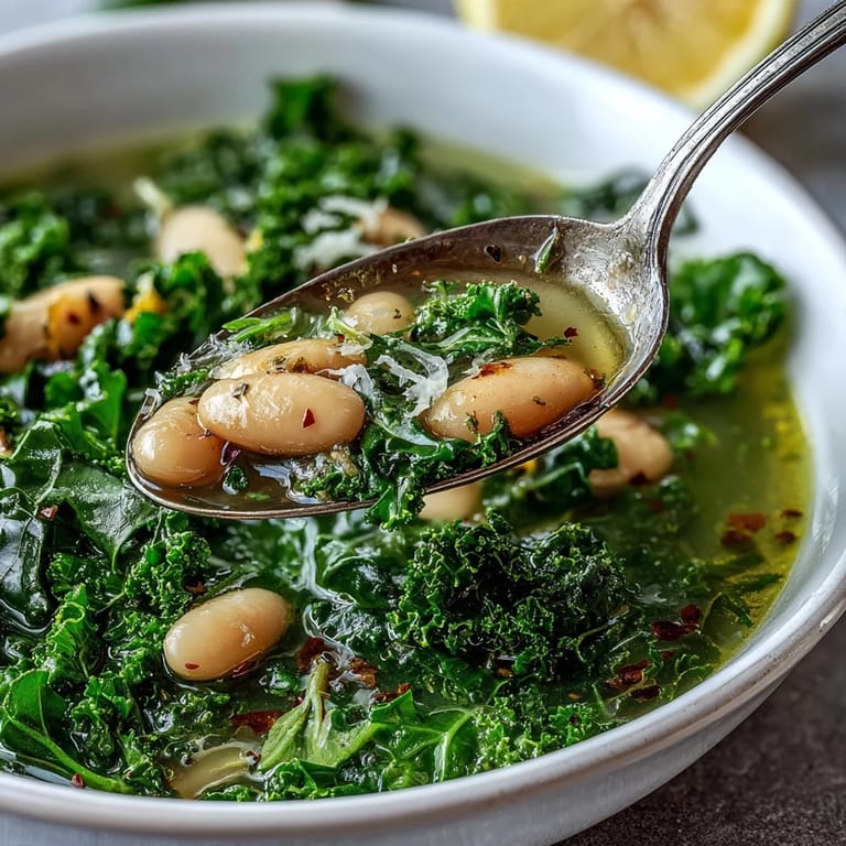 A hearty, vibrant soup featuring tender kale, creamy white beans, and zesty lemon garlic broth, perfect for a cozy meal.
