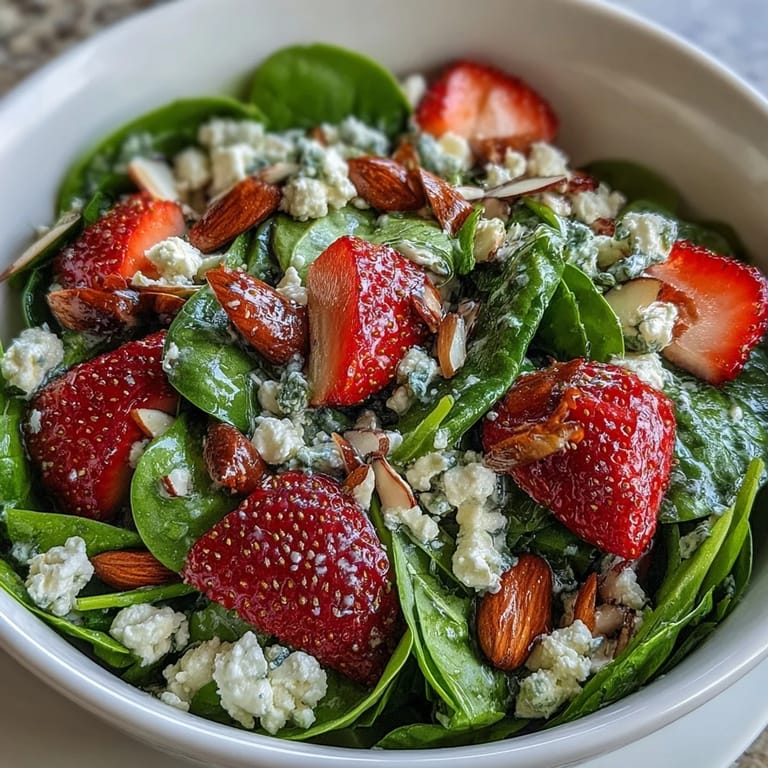 A colorful spring salad with baby spinach, sweet strawberries, crunchy almonds, and creamy feta, all coated in a zesty homemade poppy seed dressing.  