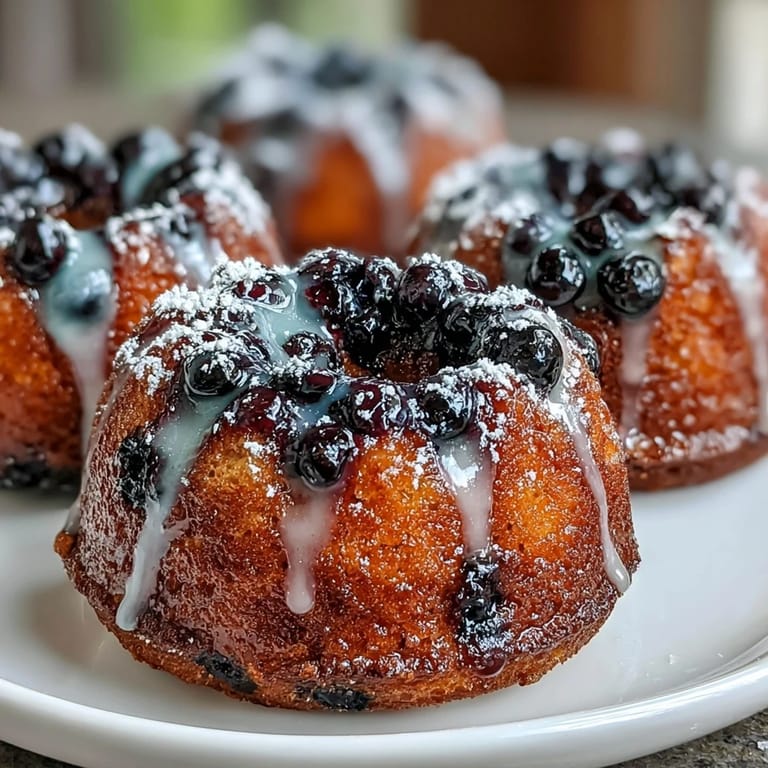 Fluffy mini sourdough bundt cakes swirled with lemon zest and blueberries, topped with a sweet-tart citrus glaze.