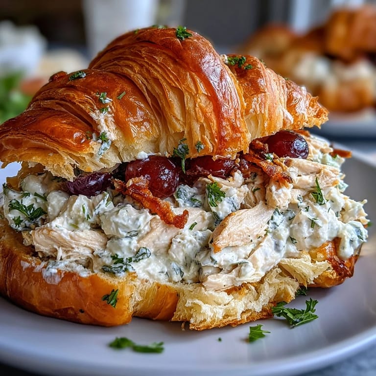 Flaky croissants filled with tender chicken salad, sweet red grapes, and crisp celery for a refreshing picnic meal.