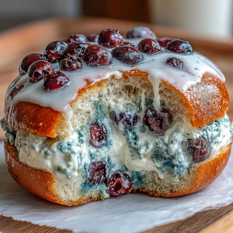 Freshly baked blueberry protein bagels drizzled with tangy Greek yogurt frosting, ideal for a nutritious snack or morning treat.