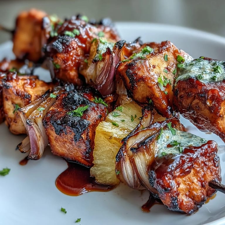 Vibrant kebabs featuring tender chicken, caramelized pineapple, and crisp red onion, perfect for summer cookouts and backyard barbecues.  
