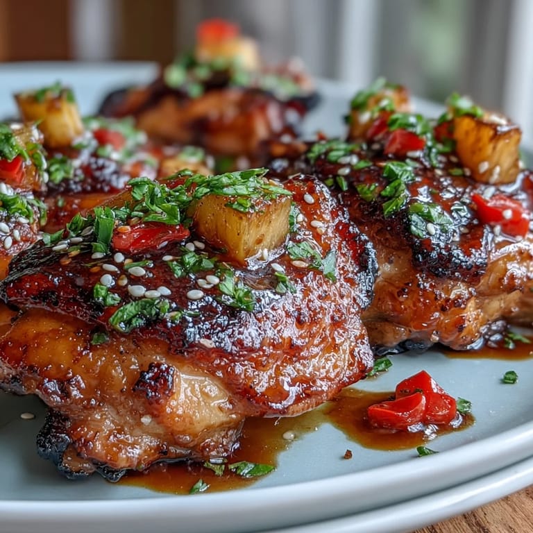 Juicy chicken thighs simmered in a sticky honey garlic sauce with fresh pineapple and bell peppers for a tropical one-pan dinner.