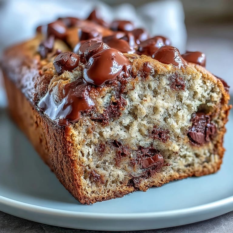 Close-up of a freshly baked protein banana bread slice revealing gooey chocolate chips and a soft, tender crumb.