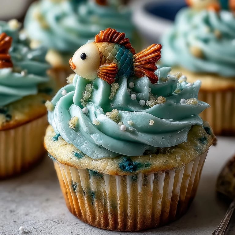 Charming fish fondant toppers on blue frosted cupcakes, celebrating Pisces birthdays with delightful vanilla flavor and playful design.