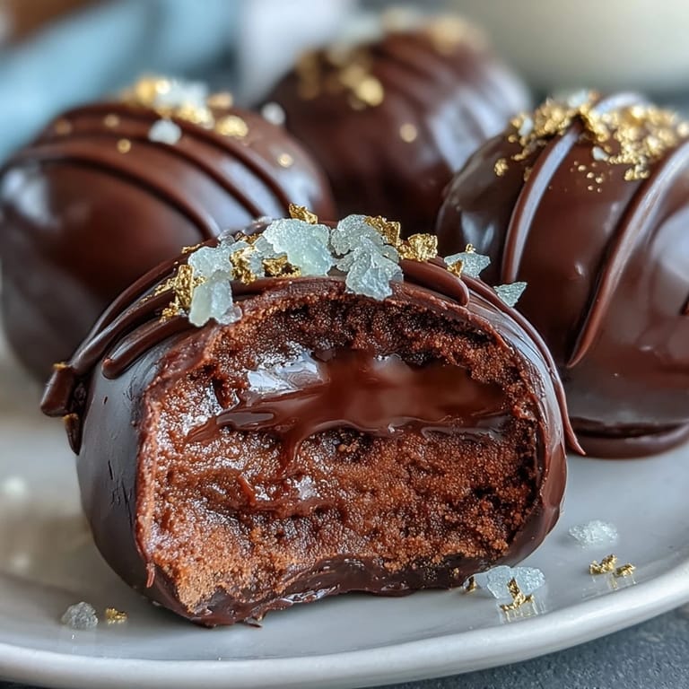 Elegant chocolate truffles with strawberry ganache, coated in dark chocolate and garnished with edible gold flakes for a lavish treat.