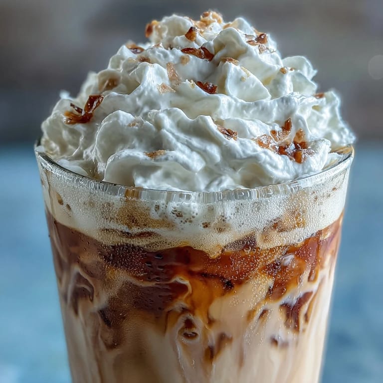 Blended coffee drink featuring real vanilla bean and rich coconut whipped cream, served over ice in tall glasses for a refreshing treat.