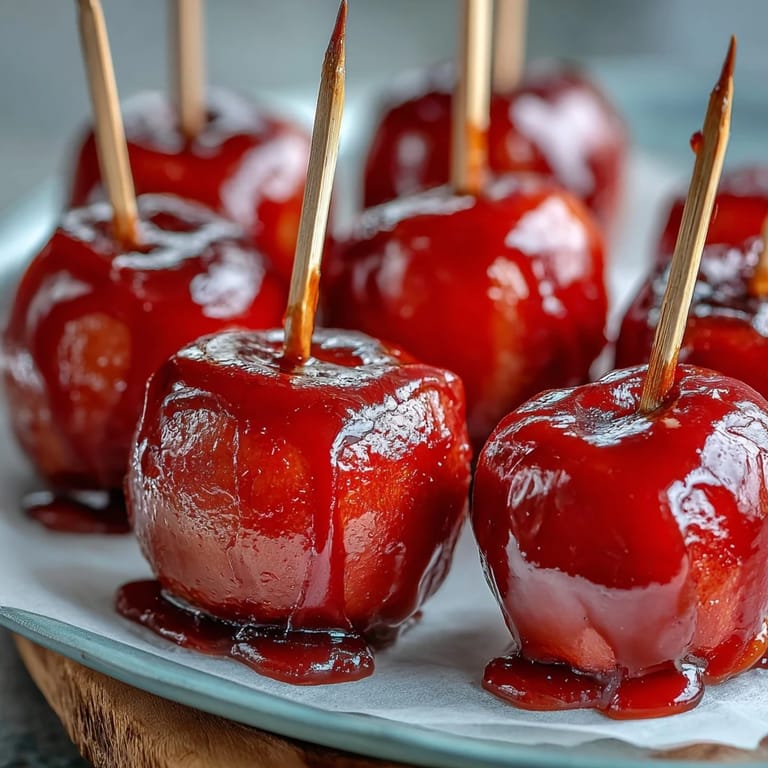 Mini candy apples with vibrant red shells, perfect for kids' parties and fun, bite-sized desserts.