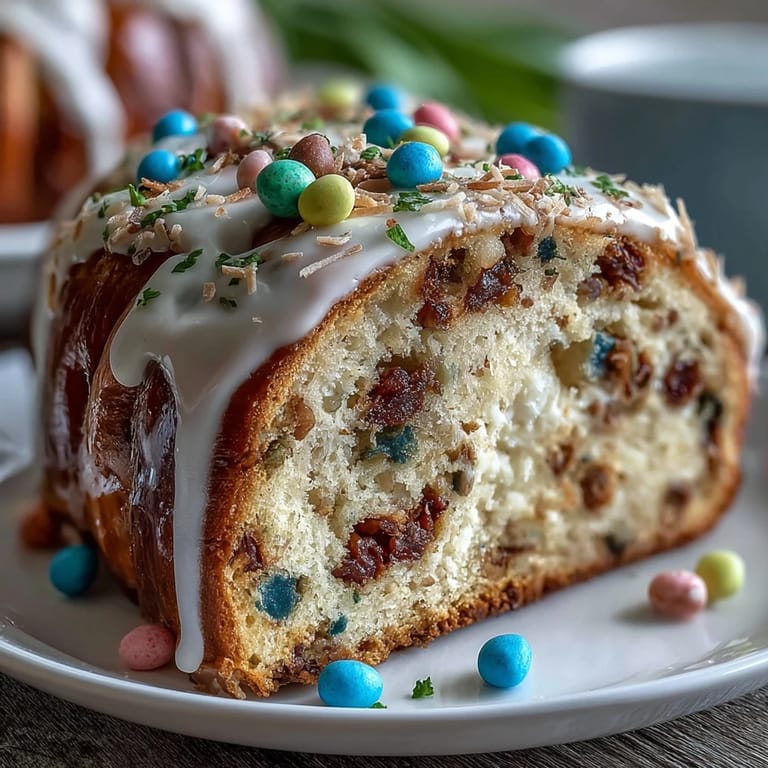 Adorable bunny-shaped cake reveals a surprise sprinkle center when sliced, decorated with coconut fur and candy accents.