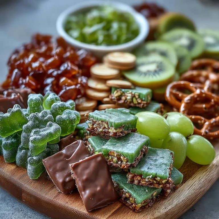 Green candy charcuterie spread with gummy bears, mint chocolates, and fresh fruit, perfect for St. Patrick's Day parties.
