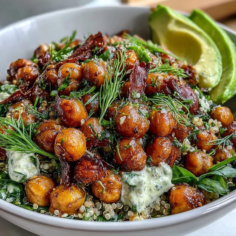 Colorful grain bowl featuring roasted chickpeas, crisp veggies, and tangy lemon vinaigrette for a healthy meal.