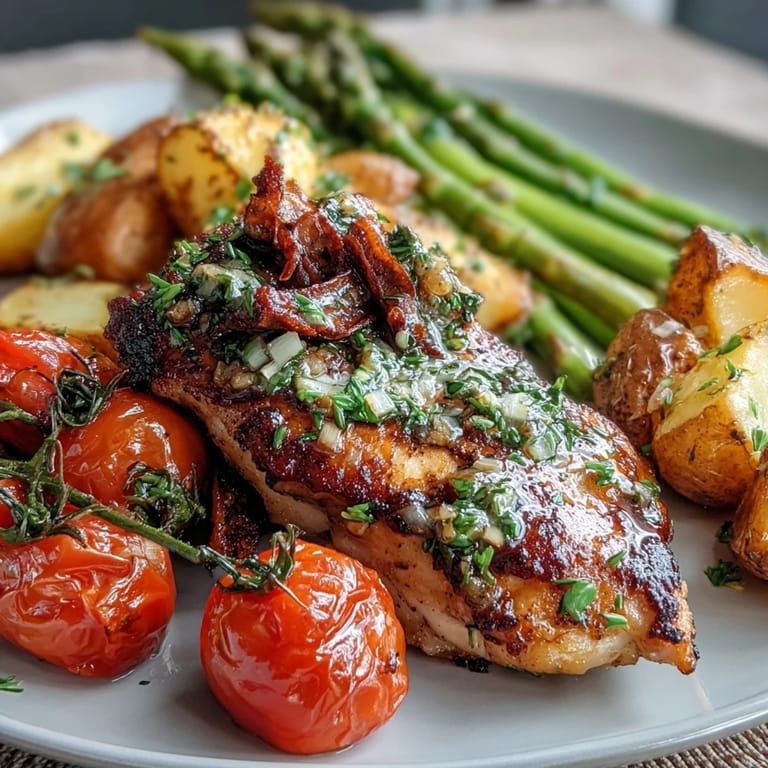 Colorful medley of tender chicken and fresh spring veggies, drizzled with lemon-herb marinade for a light and wholesome sheet pan dinner.