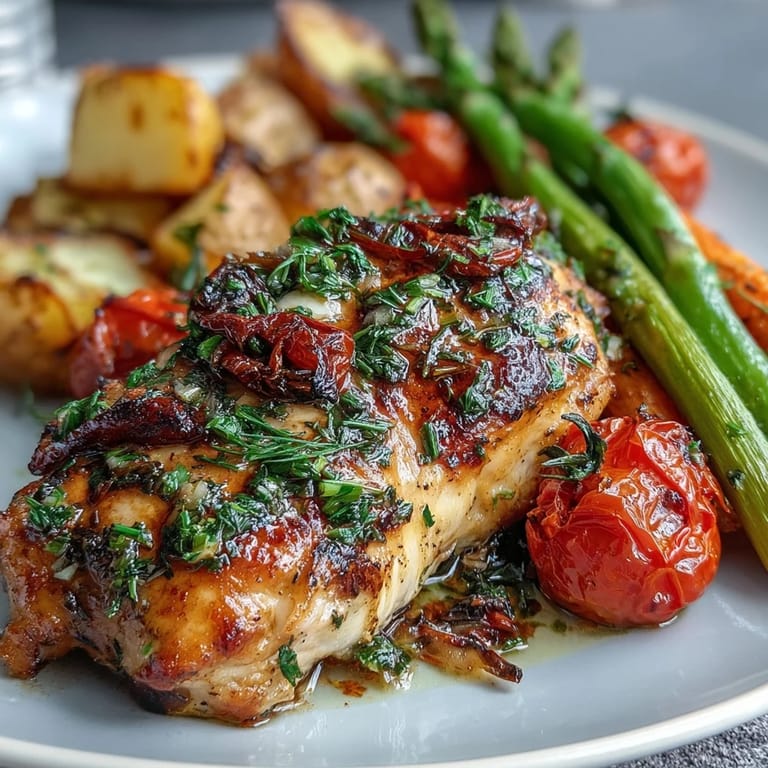 Juicy chicken breasts and crisp spring vegetables, roasted to perfection on a single sheet pan for an easy, healthy meal.  