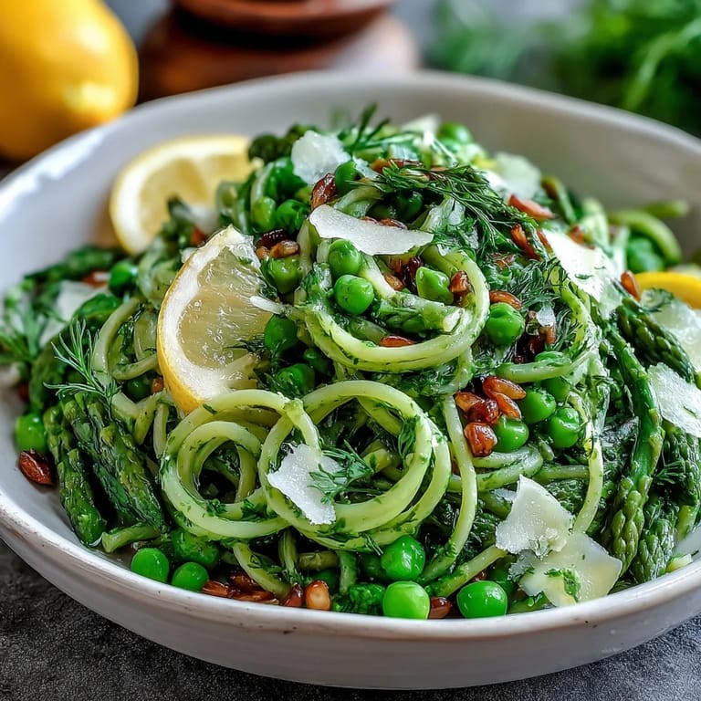 Crisp asparagus ribbons and green peas tossed with zesty lemon dressing, served as a refreshing vegetarian salad perfect for light meals.