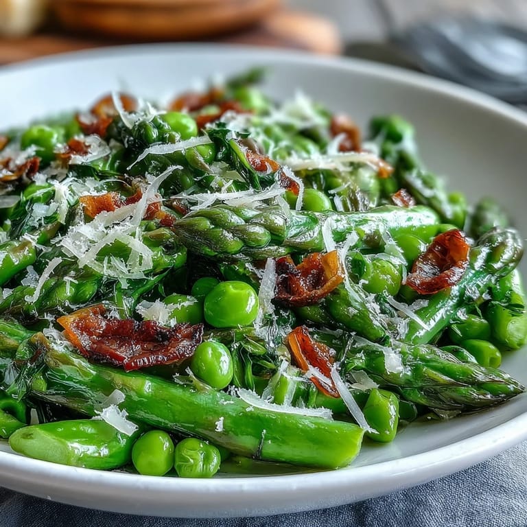 Vibrant spring salad with shaved asparagus, sweet peas, arugula, and a tangy lemon dressing, topped with Parmesan and pine nuts.