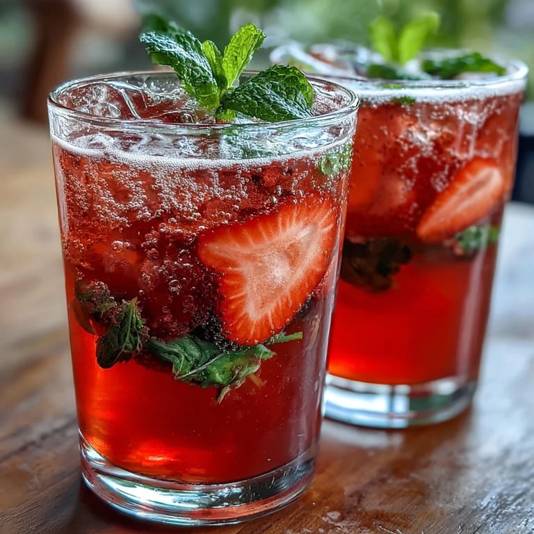 Refreshing layers of blended strawberries and zesty lemon juice topped with chilled sparkling water, served over ice with bright red fruit.