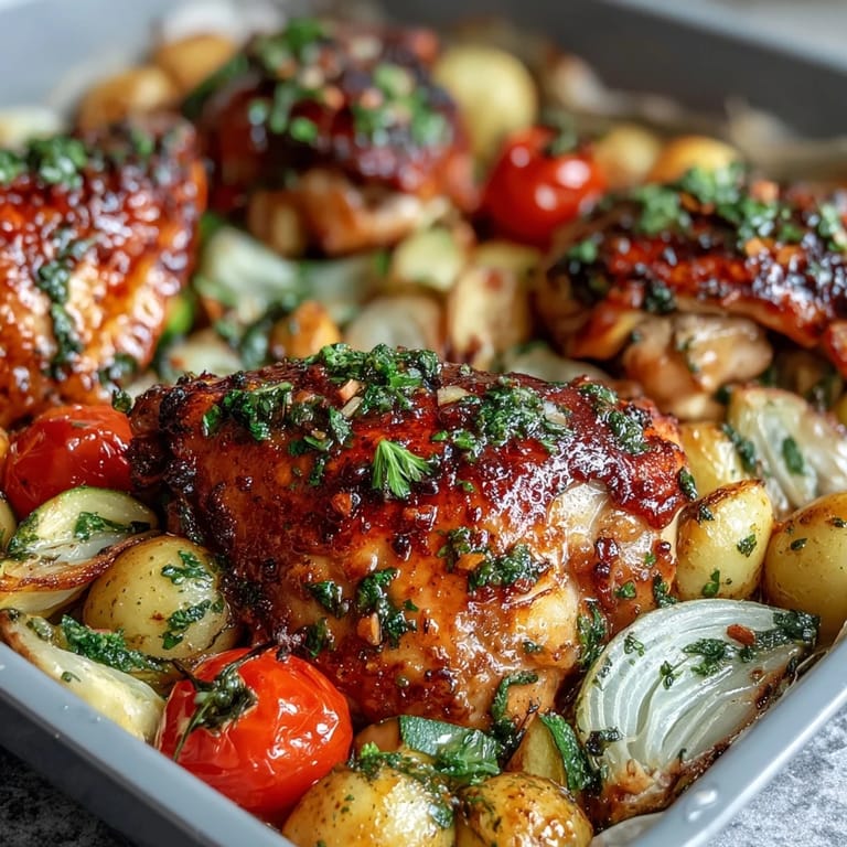 Colorful sheet pan dinner of chicken breasts, zucchini, and cherry tomatoes, seasoned with garlic and Italian herbs.
