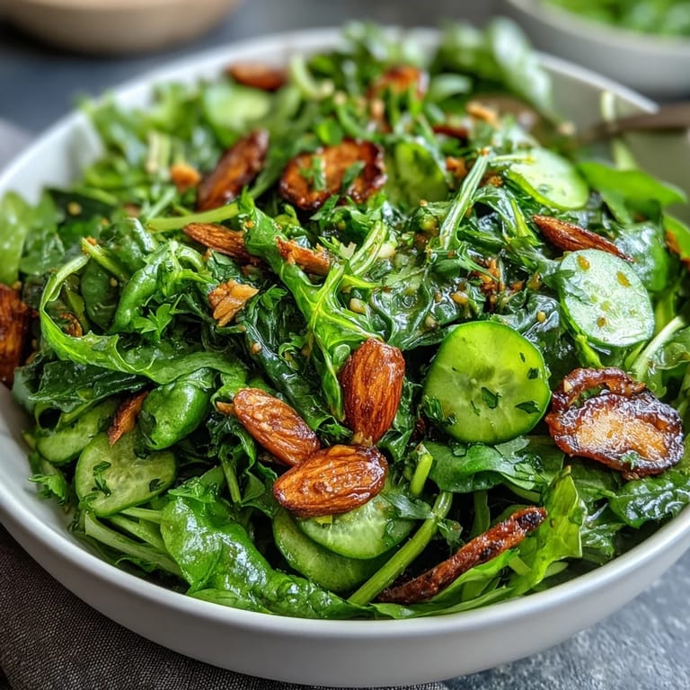 Bright honey mustard spring green salad with colorful snap peas, cucumber, and radishes. Toasted almonds add a satisfying crunch to this healthy vegetarian dish.