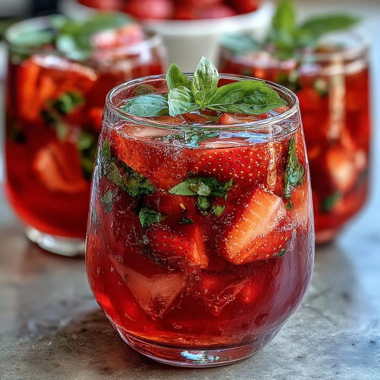 Vibrant strawberry basil lemonade mocktail pitcher, blending sweet strawberries, zesty lemon, and aromatic basil for a perfect summer sip.