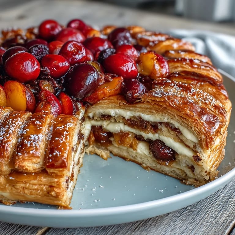 Golden galette bursting with ripe stone fruits and luscious frangipane filling, surrounded by a buttery, golden-brown pastry crust.