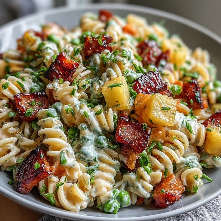 Refreshing Hawaiian pasta salad featuring tender rotini, savory ham, juicy pineapple, and a tangy ranch-mayonnaise blend.