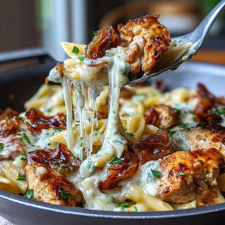 Savory French onion chicken pasta featuring tender chicken, golden onions, and bubbling cheese in a comforting skillet dinner.