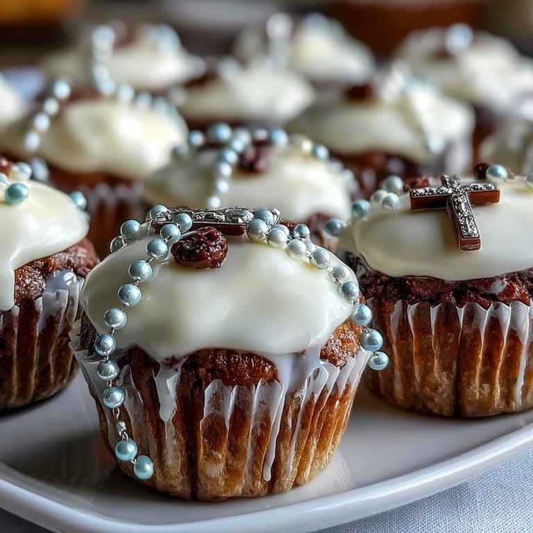 Elegant mini vanilla cupcakes frosted with smooth buttercream and adorned with edible fondant rosary toppers, perfect for First Communion gatherings.