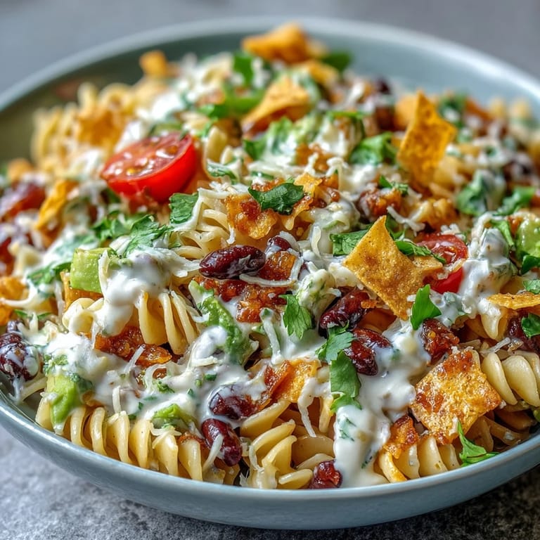 Vibrant Tex-Mex pasta salad featuring creamy taco dressing, bell peppers, and fresh cilantro—perfect for summer potlucks and casual gatherings.