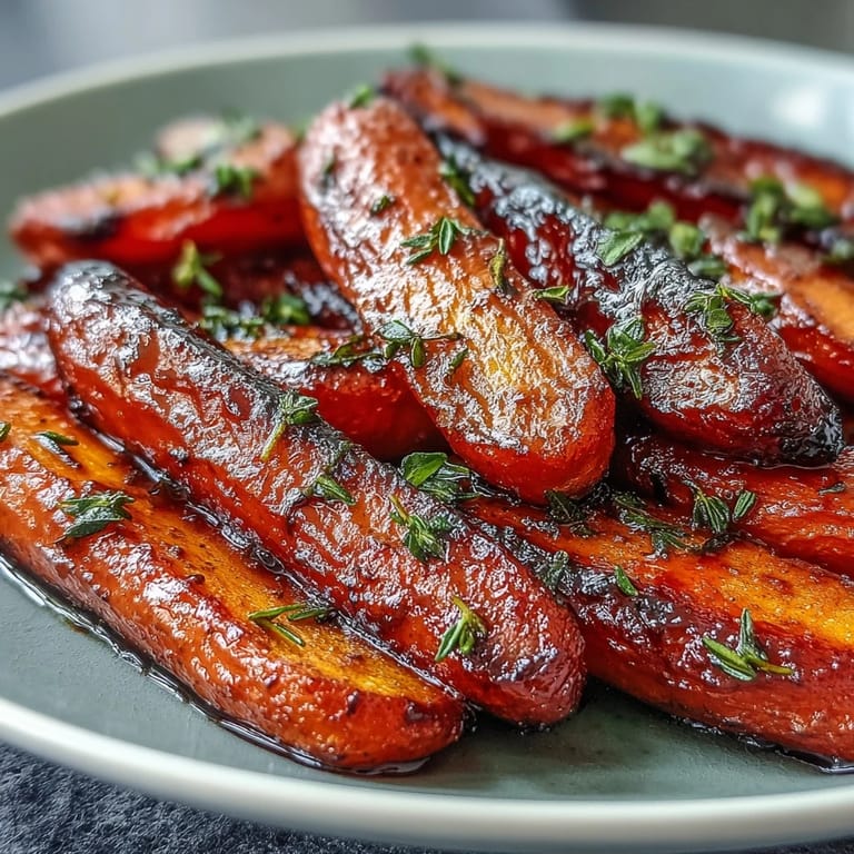 Oven-roasted carrots in a honey-thyme glaze, golden and tender, perfect for holiday dinners or everyday meals with vibrant color and flavor.
