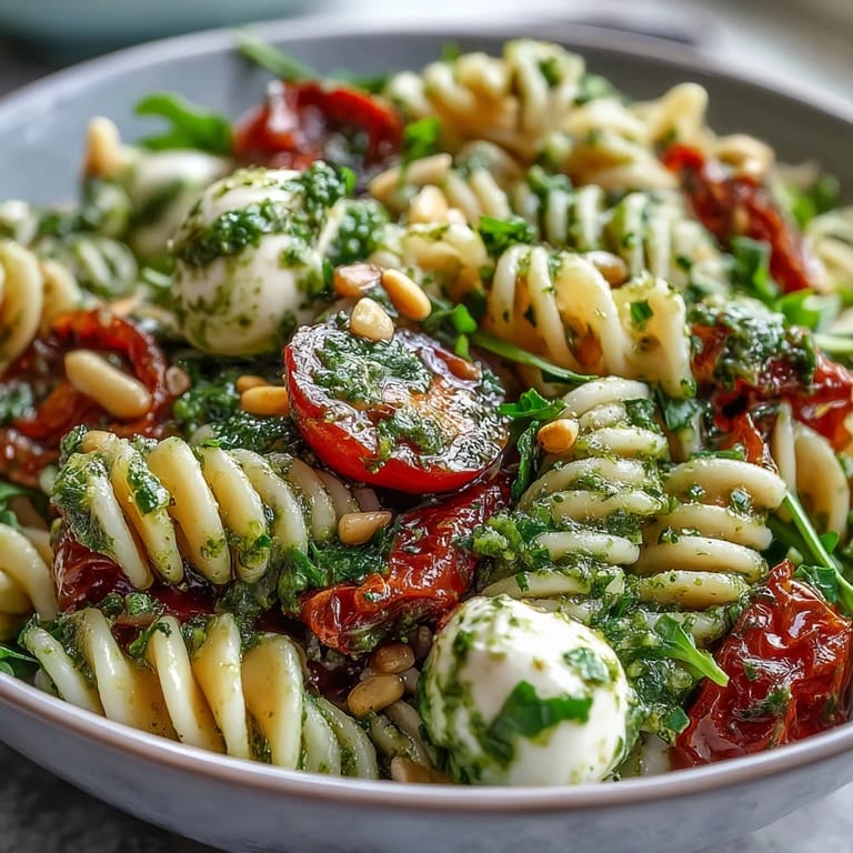 Fresh and creamy pasta salad featuring basil pesto, juicy cherry tomatoes, and soft mozzarella, ideal for warm-weather dining.
