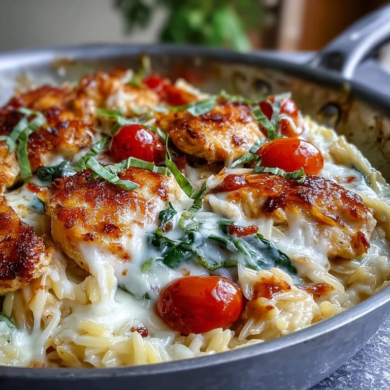 One-Pan Creamy Chicken Lasagna Orzo served from a skillet with ricotta dollops and cherry tomatoes.
