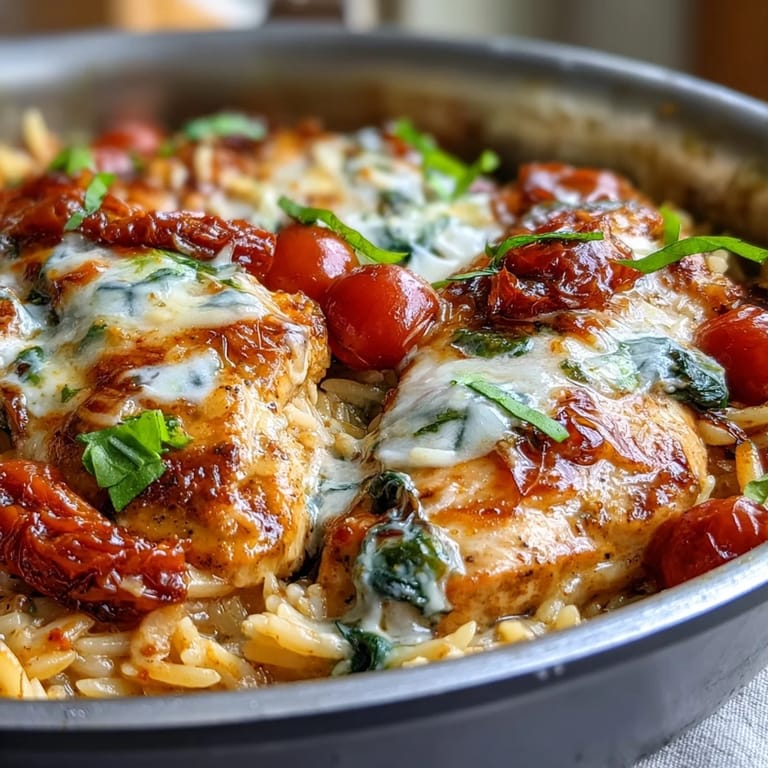 Spoon serving One-Pan Creamy Chicken Lasagna Orzo over spinach with melted cheese pull.