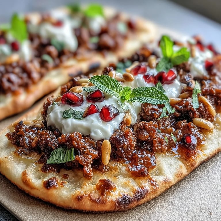 Warmly spiced lamb on crispy flatbread, drizzled with olive oil and garnished with fresh herbs and pomegranate for bold Middle Eastern flavor.