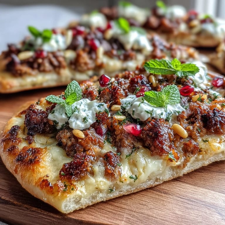 Savory spiced lamb flatbread pizza baked to perfection and finished with tangy yogurt, crunchy pine nuts, and bright pomegranate seeds.