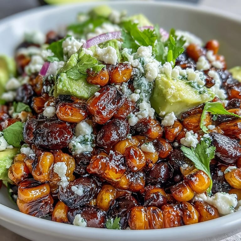 Fresh grilled corn and black bean taco salad topped with avocado, tomatoes, and crunchy tortilla chips for texture.