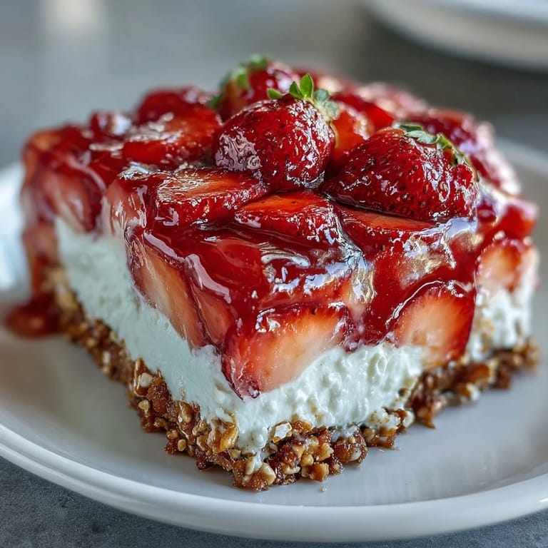 Sweet and salty pretzel crust topped with rich cream cheese layer and juicy strawberries in vibrant strawberry gelatin for a classic American dessert.