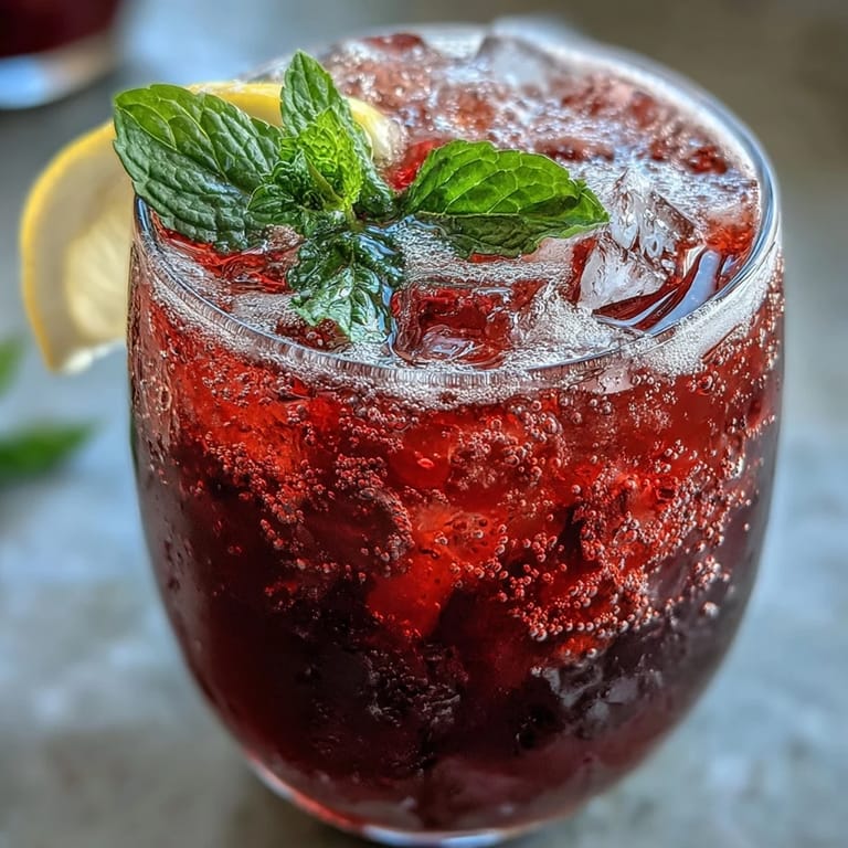 Chilled hibiscus mint lemonade mocktail with effervescent bubbles, garnished with mint sprigs and lemon wheels, creating a colorful and invigorating drink for any occasion.