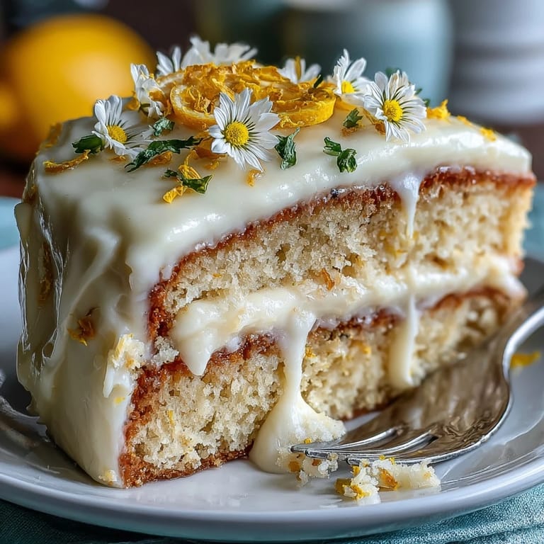 Light and zesty lemon cake with a smooth lemon cream cheese frosting, elegantly decorated with fresh edible flowers for a baby shower.